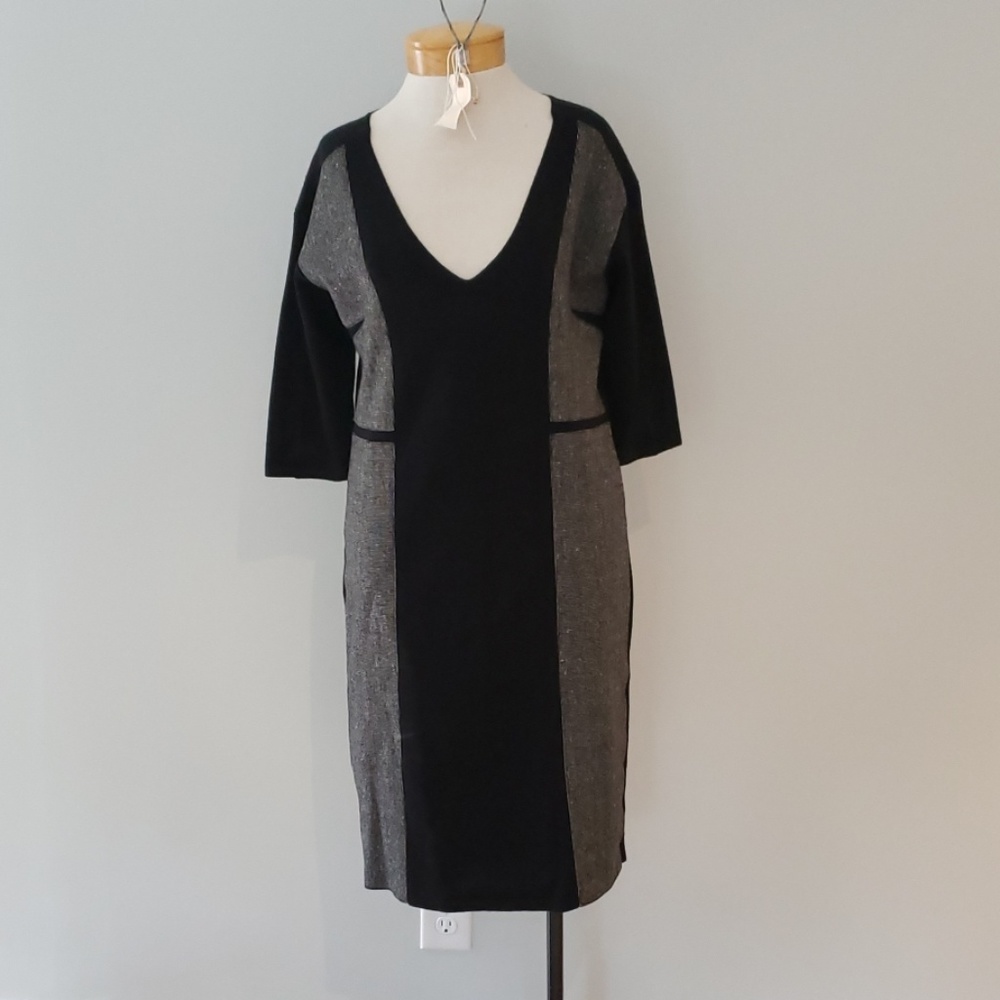 NWT TSE Black & White Wool V-Neck Dress Size Large